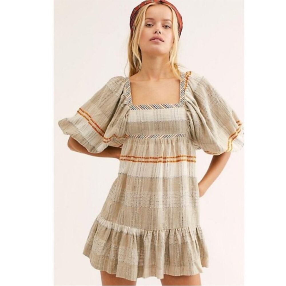 Free People Cozy Striped Mini Dress in Ivory Boho Cottage Size Small